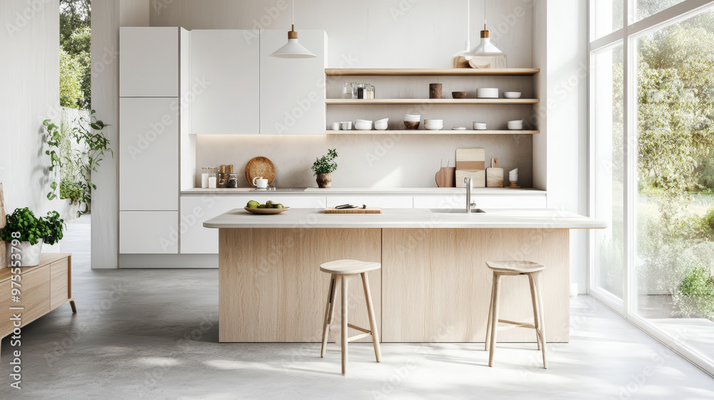 Modern kitchen with minimalist design, featuring a central island, wooden stools, open shelving, white cabinets, and large windows overlooking greenery. Modern kitchen with minimalist design, featuring a central island, wooden stools, open shelving, white cabinets, and large windows overlooking greenery.