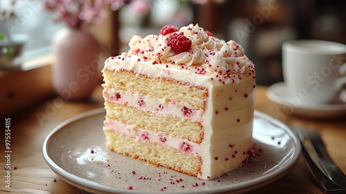 A slice of vanilla cake with raspberry filling and white frosting, topped with a raspberry, sitting on a plate with a fork and a cup of coffee in the background.