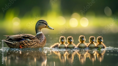 Mama Duck Leading Adorable Ducklings Through Pond photo