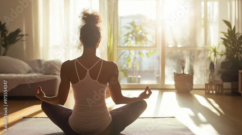 Practicing yoga in the living room during sunset, fostering inner peace and mindfulness through meditation