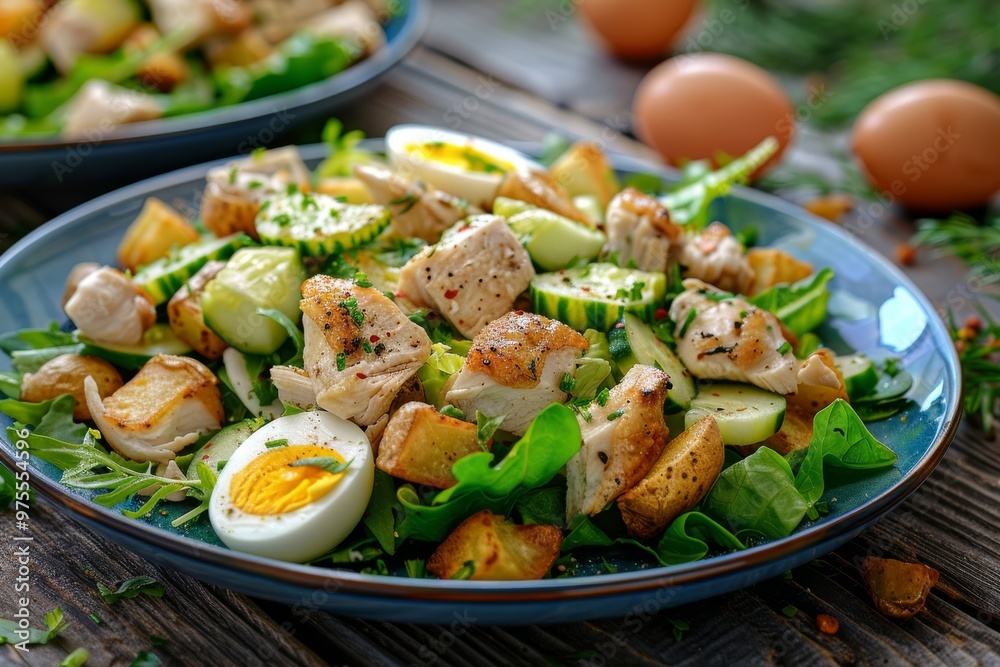 Salad with Chicken, Egg and Crispy Potatoes in Blue Plate. Poultry Meat Salad with Romaine Lettuce Salad with Chicken, Egg and Crispy Potatoes in Blue Plate. Poultry Meat Salad with Romaine Lettuce