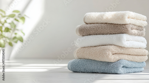 A neatly folded stack of soft, fluffy towels in neutral tones, with sunlight streaming in and a plant blurred in the background.