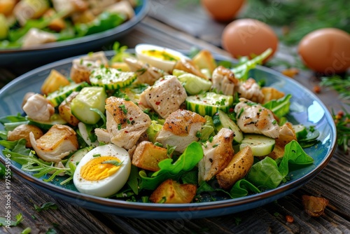 Salad with Chicken, Egg and Crispy Potatoes in Blue Plate. Poultry Meat Salad with Romaine Lettuce photo