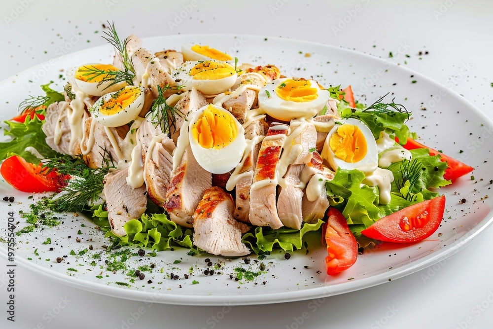 Chicken Mayonnaise Salad with Sliced Poultry Meat, Quail Eggs, Greens, Olivier Salat with Sliced Meat Chicken Mayonnaise Salad with Sliced Poultry Meat, Quail Eggs, Greens, Olivier Salat with Sliced Meat