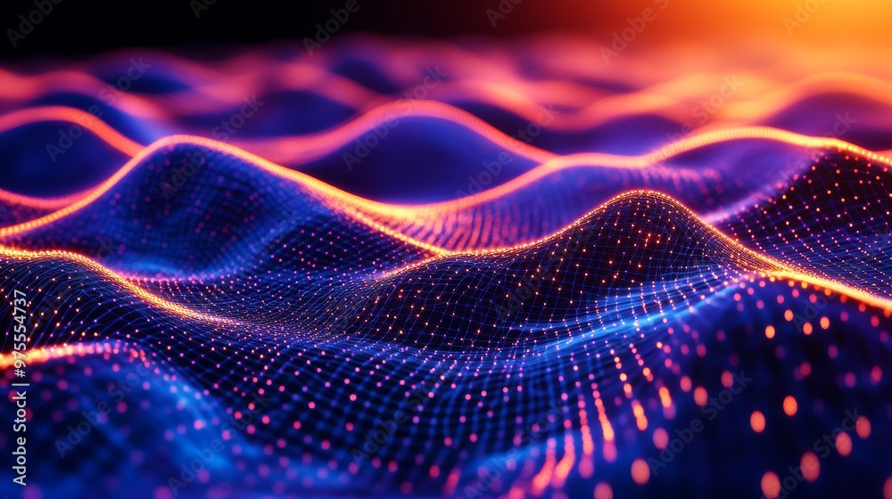 abstract background glowing networking connect node, the connecting node are wave form, dark purple orange blue tone