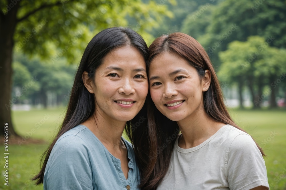 Asian Mother and daughter outdoor portrait Asian Mother and daughter outdoor portrait