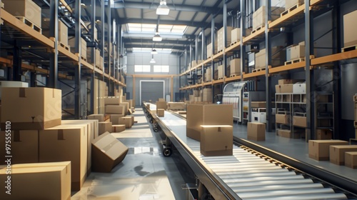 A warehouse with a conveyor belt full of boxes