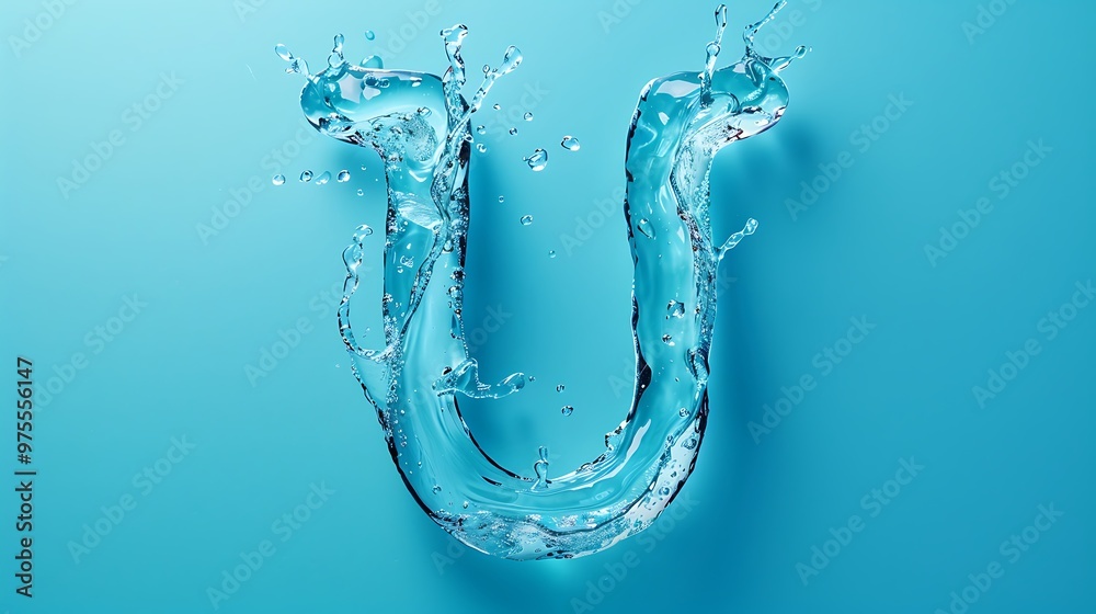 Uppercase letter U made by water on blue background Uppercase letter U made by water on blue background