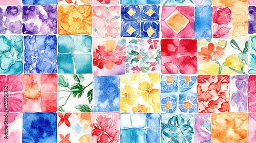 Watercolor seamless patchwork design featuring artistic abstract ethnic tiles Hand drawn watercolor texture with a vibrant floral pattern photo