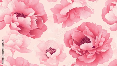 Fototapeta Naklejka Na Ścianę i Meble -  Digital flat illustration of a seamless pattern featuring elegant pink peonies on a light powdery pink background suitable for card invitation banner fabric and poster design