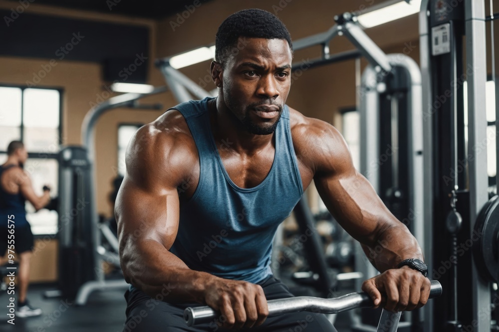 Naklejka premium Black man exercising on machine in gym