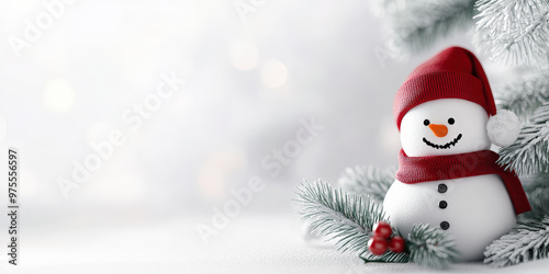 A cheerful snowman dressed in a red hat and scarf, surrounded by snowy pine branches, captures the festive holiday spirit.