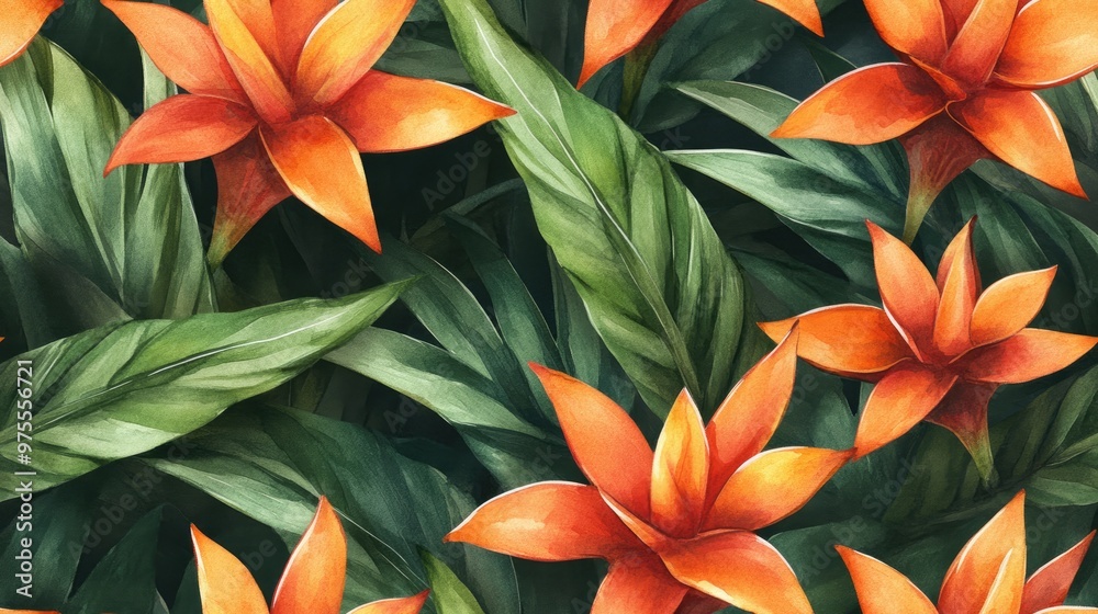 Seamless pattern of Guzmania flowers Watercolor illustration Seamless pattern of Guzmania flowers Watercolor illustration
