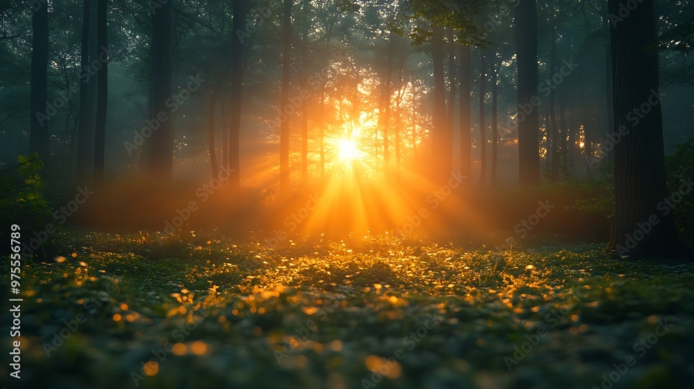 Sunlight beams through the trees in a misty forest at sunrise.