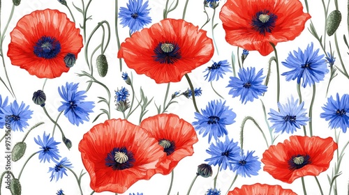 Floral seamless pattern featuring red poppies and blue cornflowers Vibrant blooms on a white background Suitable for textile fabric and wrapping paper designs photo