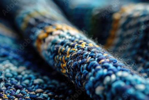 Vintage Hand-Woven Blue Tweed Textile Background with Colorful Interlocking Design photo