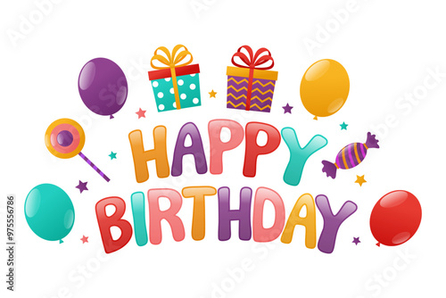 happy birthday text with balloon, gift, candy elements full of colorful stars attractive. vector design.