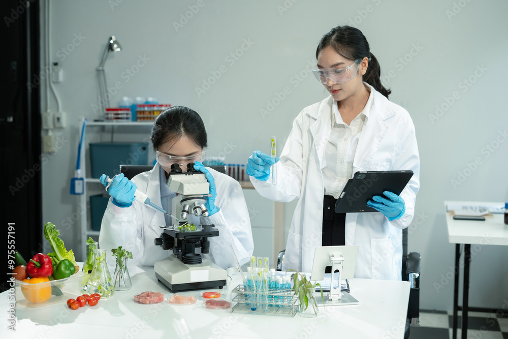 Team Microbiologists Analyzing Molecular Samples in Advanced Food Science Laboratory, Dietitian food and medicine. Team Microbiologists Analyzing Molecular Samples in Advanced Food Science Laboratory, Dietitian food and medicine.