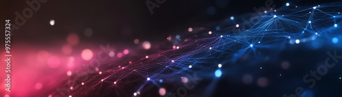 Abstract technology network background with red and blue lines and glowing nodes. Futuristic digital communication and connectivity concept.