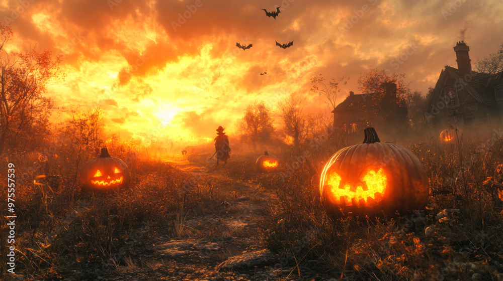 Naklejka premium A spooky Halloween sunset with carved pumpkins glowing along a misty path leading to an old house and flying bats