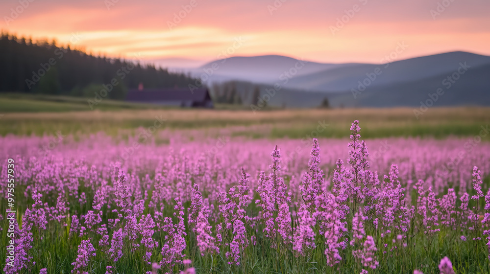 Naklejka premium A serene meadow with vibrant purple wildflowers in full bloom, set against rolling hills and a soft, colorful sunset sky in the background.
