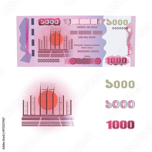 Sample of Bangladeshi 1000 taka note illustration. Paper money in BDT on white background