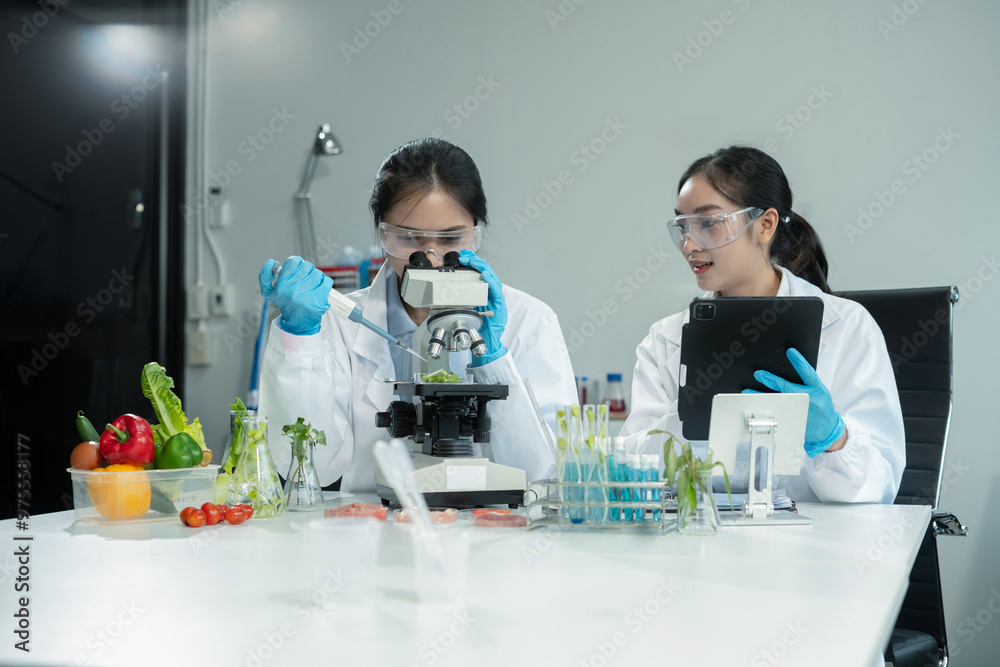 Team Microbiologists Analyzing Molecular Samples in Advanced Food Science Laboratory, Dietitian food and medicine. Team Microbiologists Analyzing Molecular Samples in Advanced Food Science Laboratory, Dietitian food and medicine.