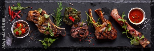 Restaurant Food Set with Grilled Beef Cheeks, Lamb Legs and Tongues Top View, Various Meat Dishes photo