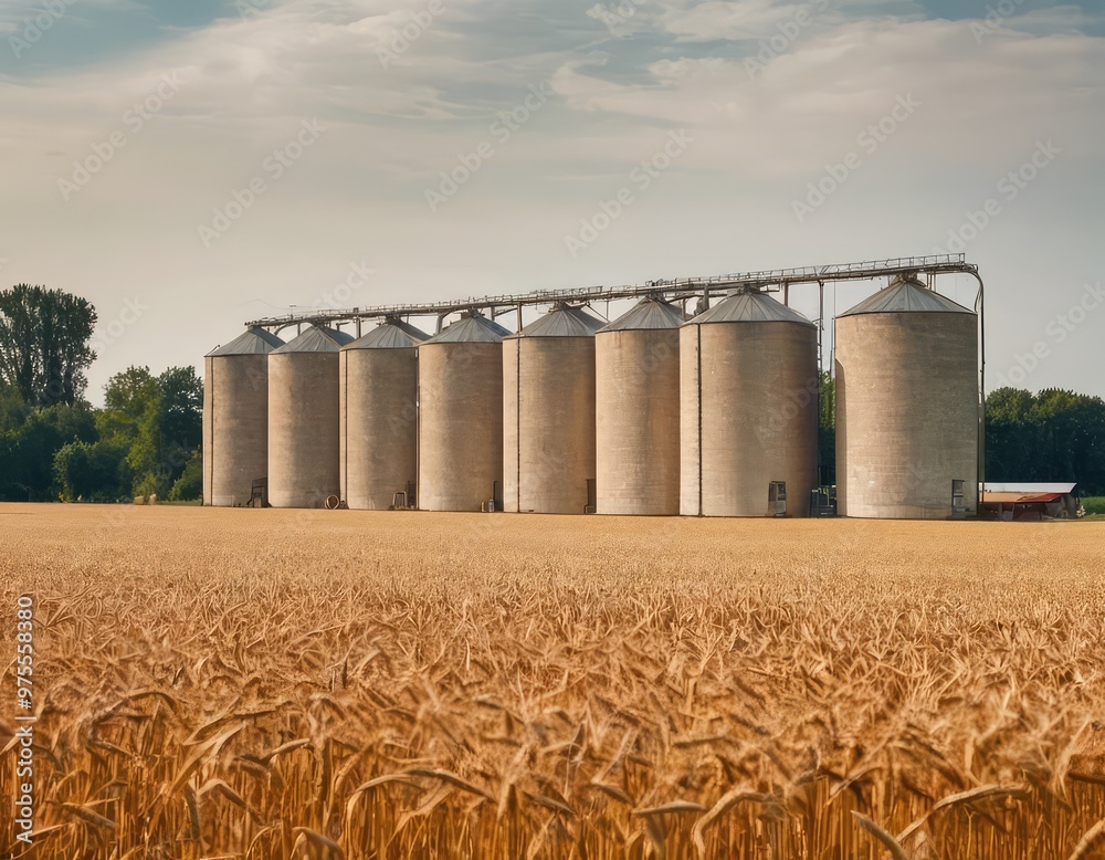 A large field of golden wheat with several silos in the background A large field of golden wheat with several silos in the background