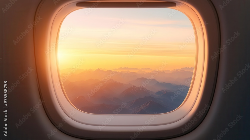 Window seat view of sunrise over a mountain range, breathtaking natural scenery, soft and warm light filling the cabin, aweinspiring travel experience Window seat view of sunrise over a mountain range, breathtaking natural scenery, soft and warm light filling the cabin, aweinspiring travel experience