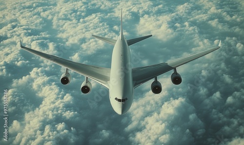 A white airplane is flying through a cloudy sky. The clouds are white and fluffy, and the airplane is the only object in the scene photo