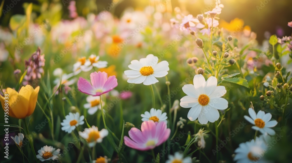 Fototapeta premium A field of flowers with a mix of colors including white, pink, and yellow. The flowers are scattered throughout the field, with some in the foreground and others in the background