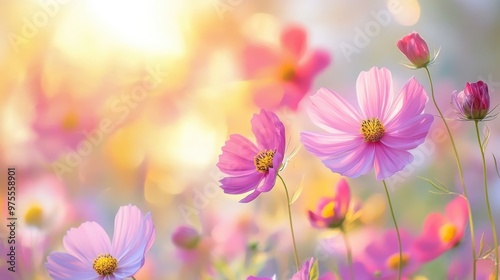 A field of pink flowers with the sun shining on them. The flowers are in full bloom and are scattered throughout the field. The bright colors of the flowers and the sunlight create a cheerful