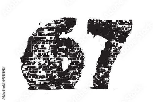 "3D number 67 crafted from old, grunge-textured brick wall, worn and weathered look."