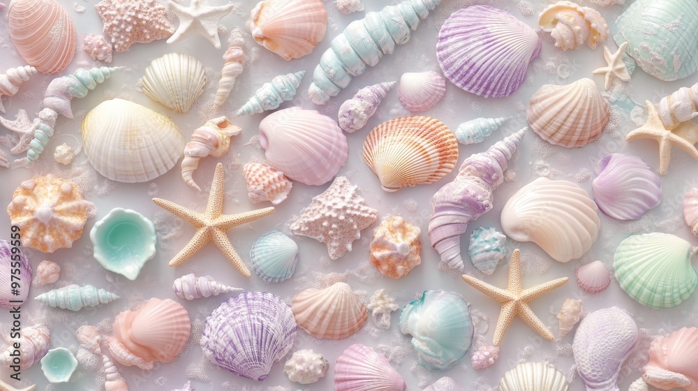 A colorful array of seashells and starfish on a white background. The shells are of various sizes and colors, creating a vibrant and lively scene. Scene is cheerful and playful, evoking a sense of fun A colorful array of seashells and starfish on a white background. The shells are of various sizes and colors, creating a vibrant and lively scene. Scene is cheerful and playful, evoking a sense of fun