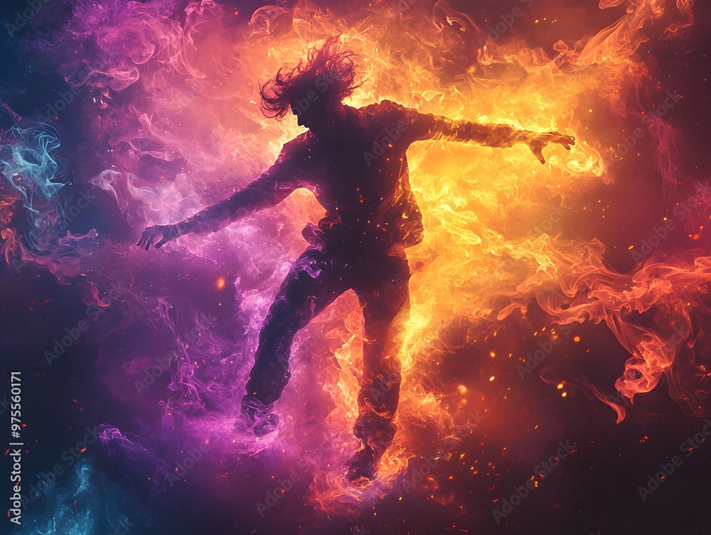 Obraz premium Man performing an energetic dance move in the middle of vibrant, swirling colorful smoke. The scene is rendered in a 3D realistic style with detailed lighting and shadow effects, giving the figure