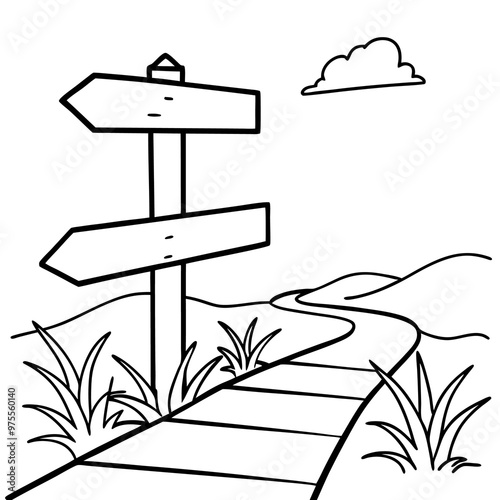 wooden road direction outline coloring book page line art drawing