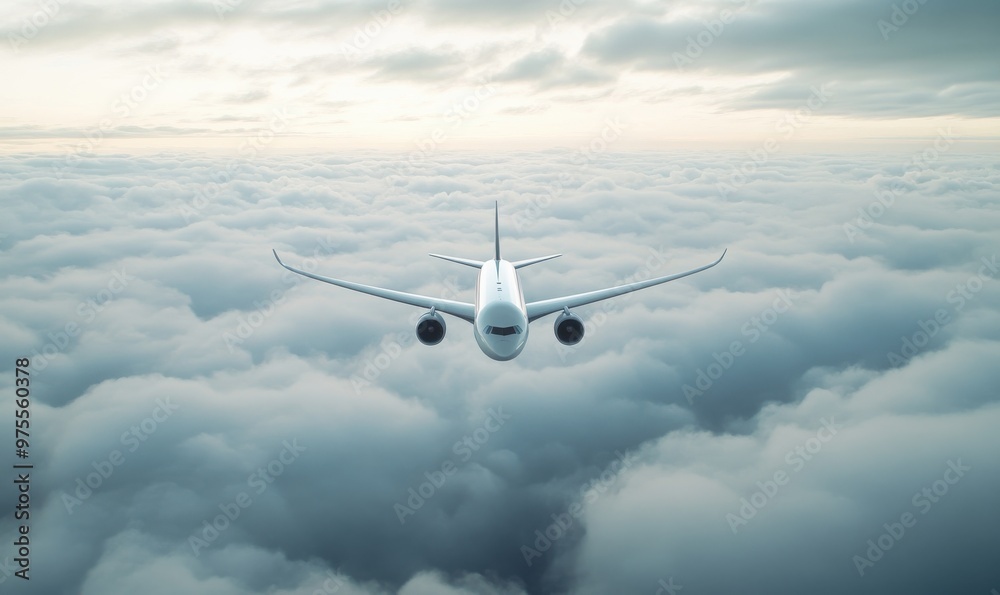 Obraz premium A white airplane is flying through a cloudy sky. The clouds are white and fluffy, and the airplane is the only object in the scene