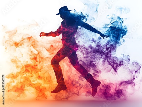 A man mid-dance with colorful smoke swirling around him, portrayed in a detailed 3D model style. The dancer s pose and smoke trail give the composition an artistic and modern feel photo