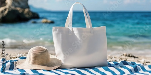 A white beach bag is laying on a blue and white striped beach towel. A straw hat is placed on top of the bag. The scene is set on a beach, with the ocean in the background