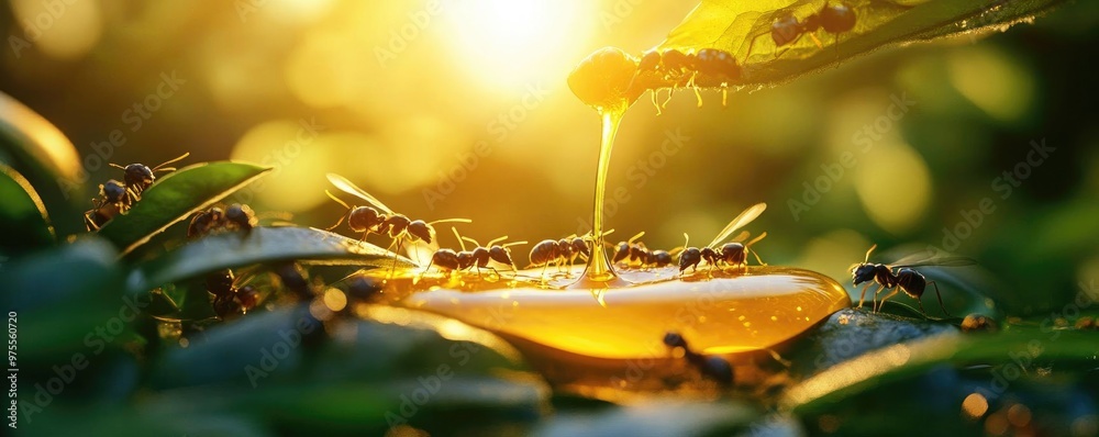 A close-up of ants gathering honeydew under the warm sunlight, highlighting nature's intricate relationships and vibrant colors. A close-up of ants gathering honeydew under the warm sunlight, highlighting nature's intricate relationships and vibrant colors.