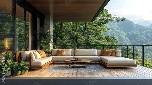 Modern patio with a sectional sofa, coffee table, and a rug overlooking a mountain view.