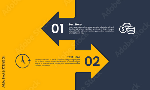 2 Options infographic template. Arrow left and right banner yellow and black background. Business presentation. Vector illustration.
