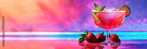 Strawberry Margarita Cocktail on Color Neon Background, Tropical Mocktail, Beach Party Coctail photo