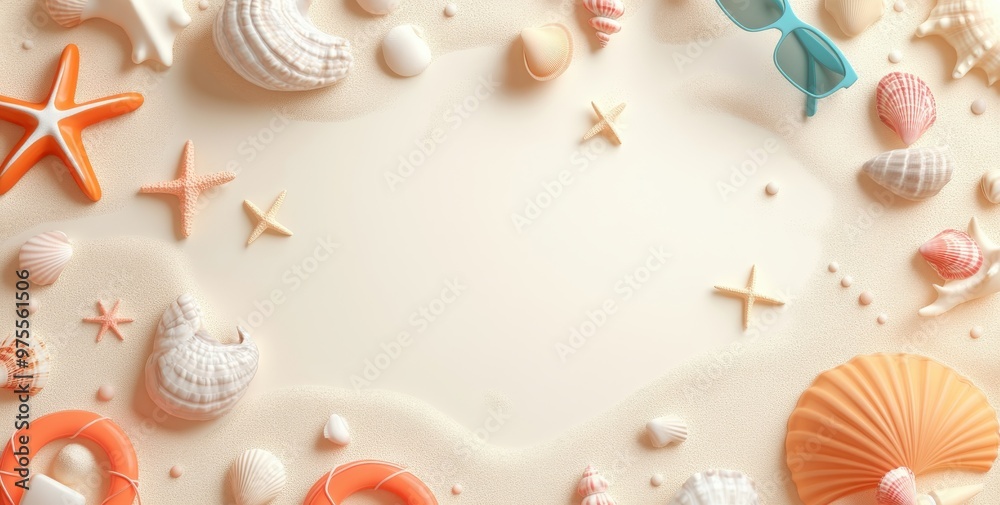 A beach scene with shells and a frame. The frame is white and the shells are orange and blue A beach scene with shells and a frame. The frame is white and the shells are orange and blue