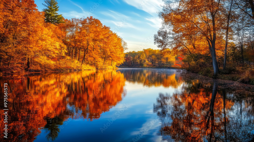 Vibrant autumn foliage reflecting on a tranquil lake under a bright blue sky in the heart of nature Vibrant autumn foliage reflecting on a tranquil lake under a bright blue sky in the heart of nature