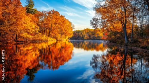 Vibrant autumn foliage reflecting on a tranquil lake under a bright blue sky in the heart of nature