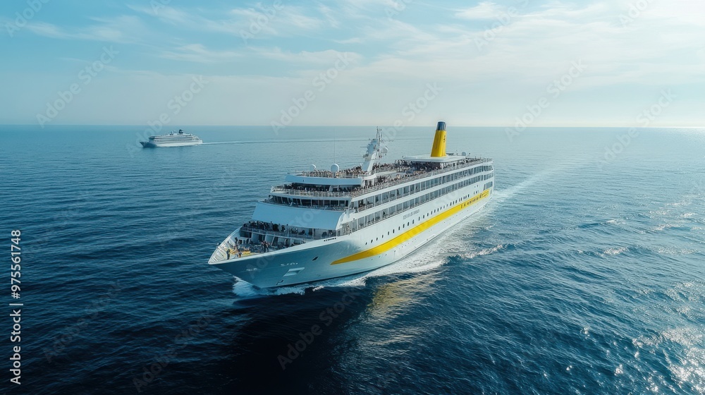A large cruise ship is sailing in the ocean. The ship is yellow and white and is surrounded by water A large cruise ship is sailing in the ocean. The ship is yellow and white and is surrounded by water