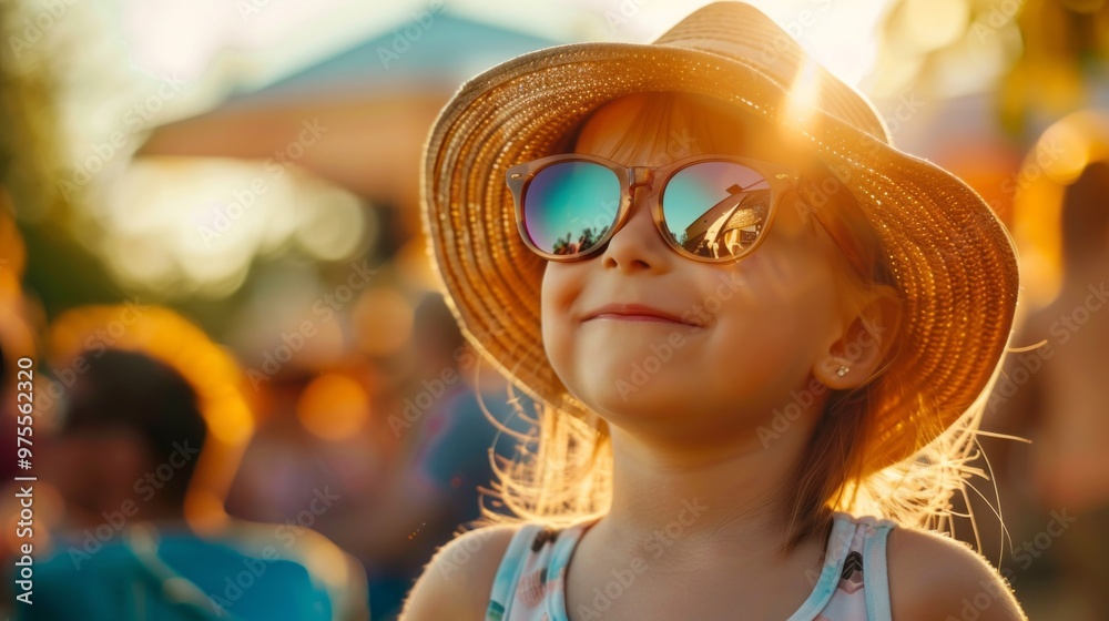 A young girl wearing a straw hat and sunglasses is smiling A young girl wearing a straw hat and sunglasses is smiling