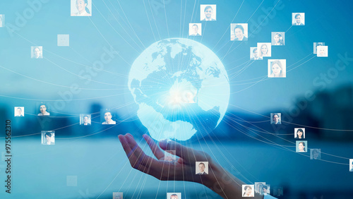 Mixed media of woman holding her hand and global communication network concept.